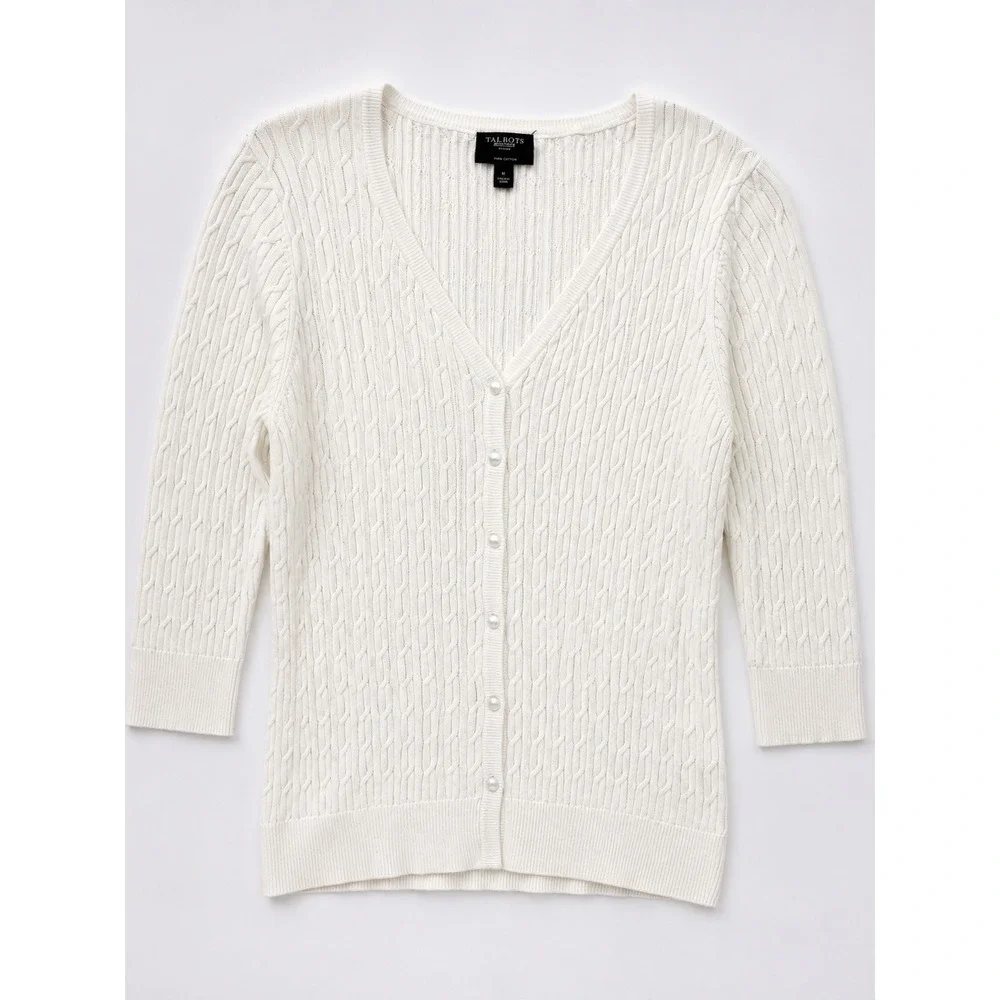 Talbots Petites White Pima Cotton Cable Knit V-Neck Button Front Cardigan L